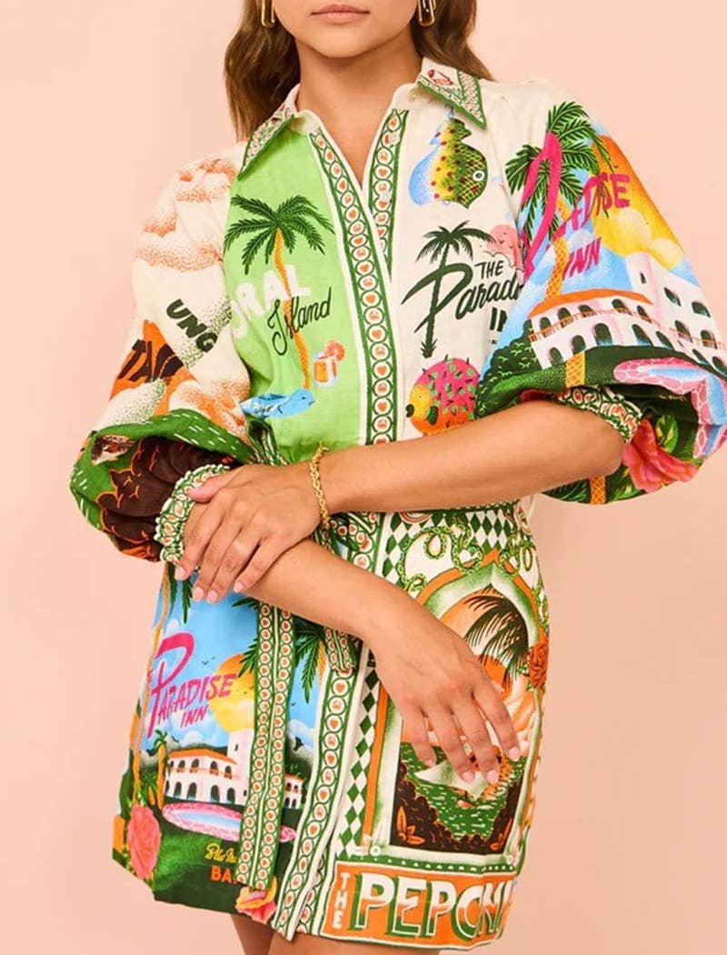 Colorful Vacation Print Mini Shirt Dress