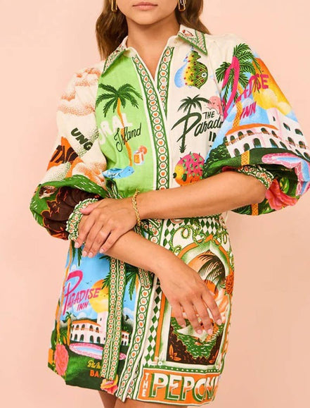 Colorful Vacation Print Mini Shirt Dress