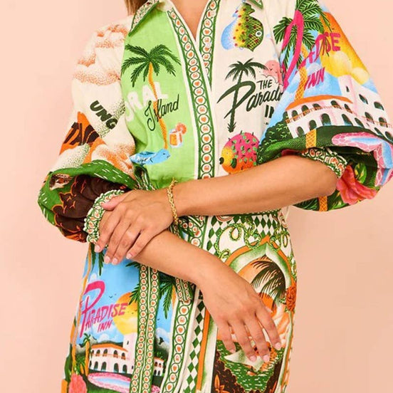 Colorful Vacation Print Mini Shirt Dress