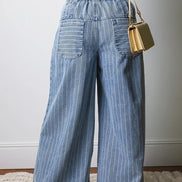 Stripe Button Pleated Drawstring Waist Wide Leg Jeans 4-4X