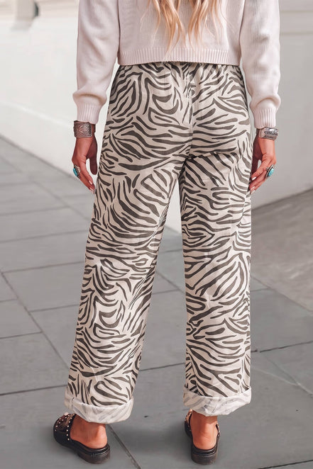 Western Zebra Pattern Elastic Waist Pocket Pants | S-XL
