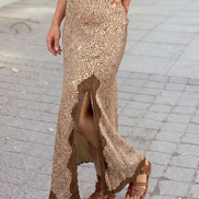 Western Cheetah Ruched High Waist Lace Splicing Slit Skirt