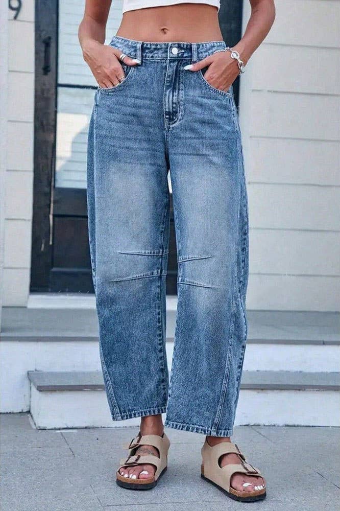 Washed Balloon Leg Denim Jeans High Waist Loose Fit