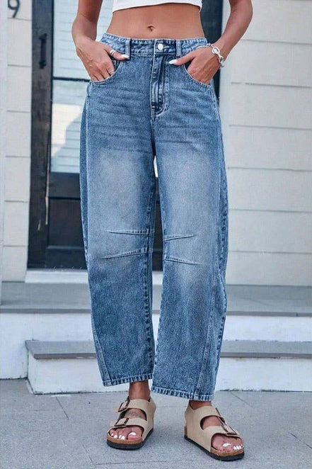 Washed Balloon Leg Denim Jeans High Waist Loose Fit