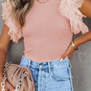 White Polka Dot Mesh Ruffle Sleeve Ribbed Knit Top
