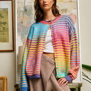 Rainbow Space-Dye Striped Button-Down Cardigan