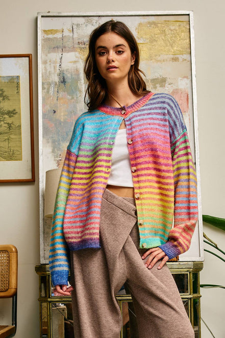 Rainbow Space-Dye Striped Button-Down Cardigan