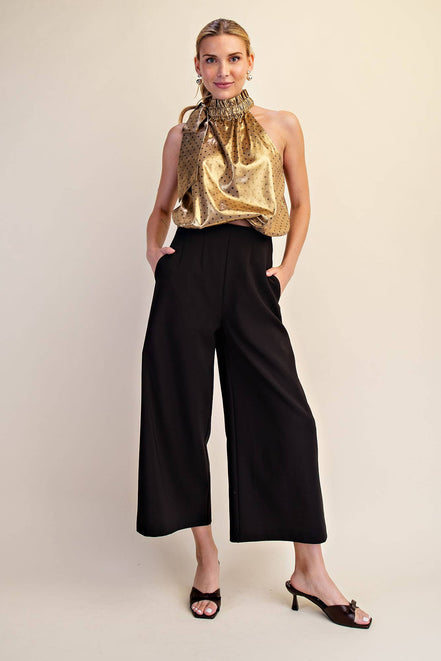 Polka Dot Tie Halter Neck Metallic Top