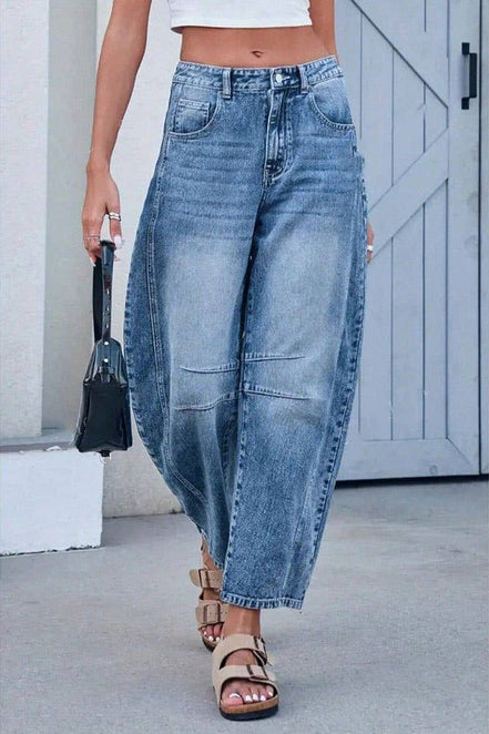 Washed Balloon Leg Denim Jeans High Waist Loose Fit