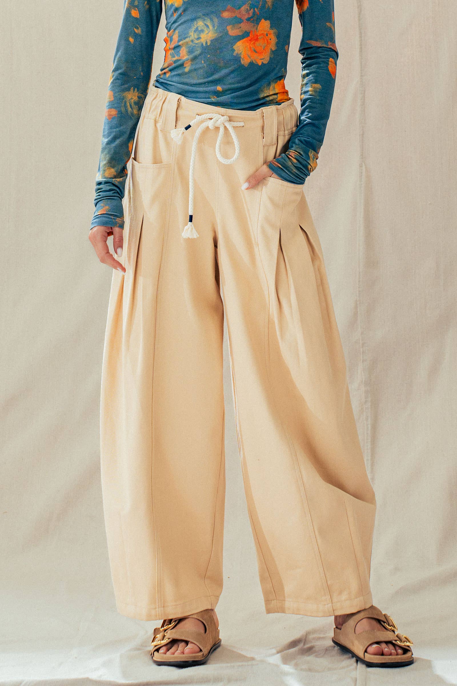 Rope Drawstring Balloon Pants Pleated Front