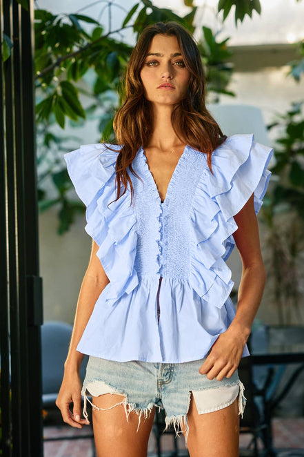 Baby Blue Ruffle Smocked Peplum Blouse