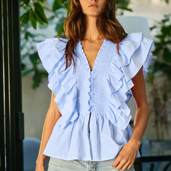 Baby Blue Ruffle Smocked Peplum Blouse