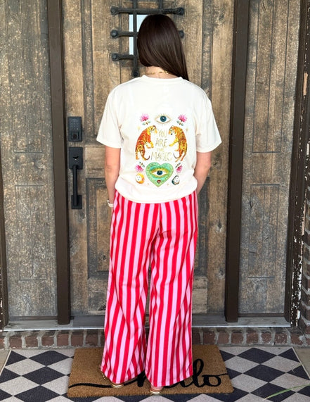 Pink/Red Boho Beach Vertical Stripe Lace-Up Pants