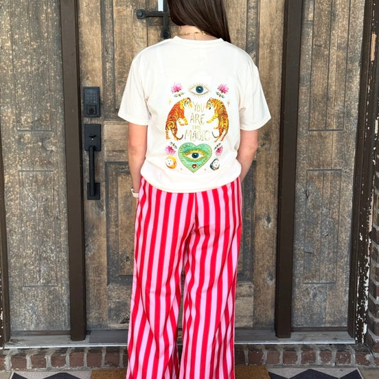 Pink/Red Boho Beach Vertical Stripe Lace-Up Pants