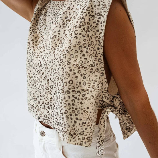 Apricot Leopard Print Knot Side Twill Vest