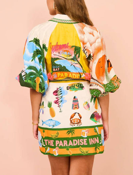 Colorful Vacation Print Mini Shirt Dress