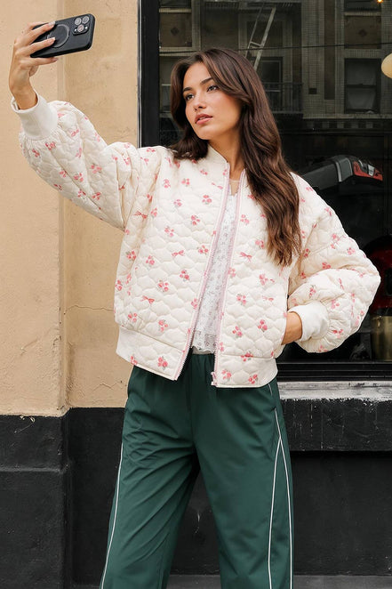 NJ90411-Floral Printed Quilted Oversized Casual Jacket