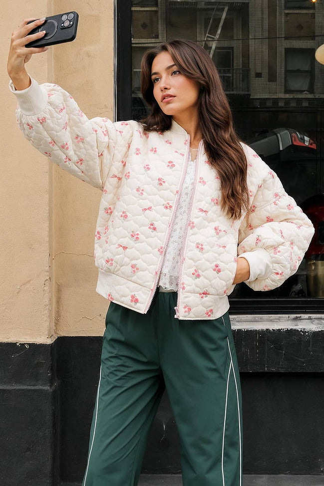 NJ90411-Floral Printed Quilted Oversized Casual Jacket