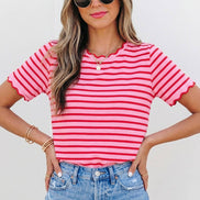 Stripe Scalloped Trim Round Neck T Shirt