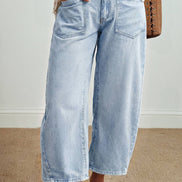 Solid Color Square Patch Pocket Ankle-length Barrel Jeans