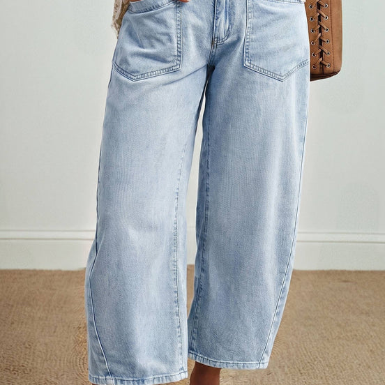 Solid Color Square Patch Pocket Ankle-length Barrel Jeans