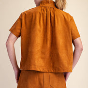 Stand Collar Suede Short Sleeve Shirt