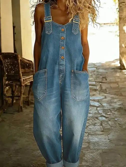 Women's Blue Washed Denim Overalls Adjustable Strap Jumpsuit