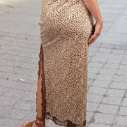 Western Cheetah Ruched High Waist Lace Splicing Slit Skirt