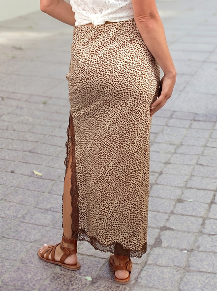 Western Cheetah Ruched High Waist Lace Splicing Slit Skirt