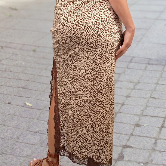 Western Cheetah Ruched High Waist Lace Splicing Slit Skirt