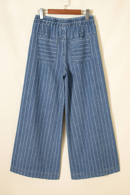 Stripe Button Pleated Drawstring Waist Wide Leg Jeans 4-4X