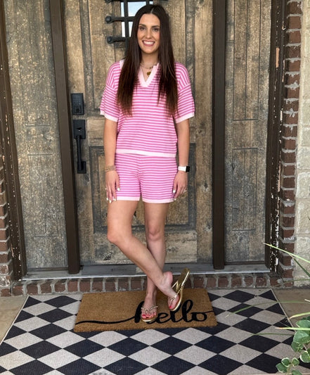 Womens Striped Knit Lounge Set V Neck Top Shorts