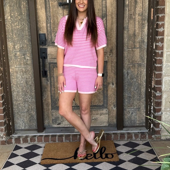Womens Striped Knit Lounge Set V Neck Top Shorts