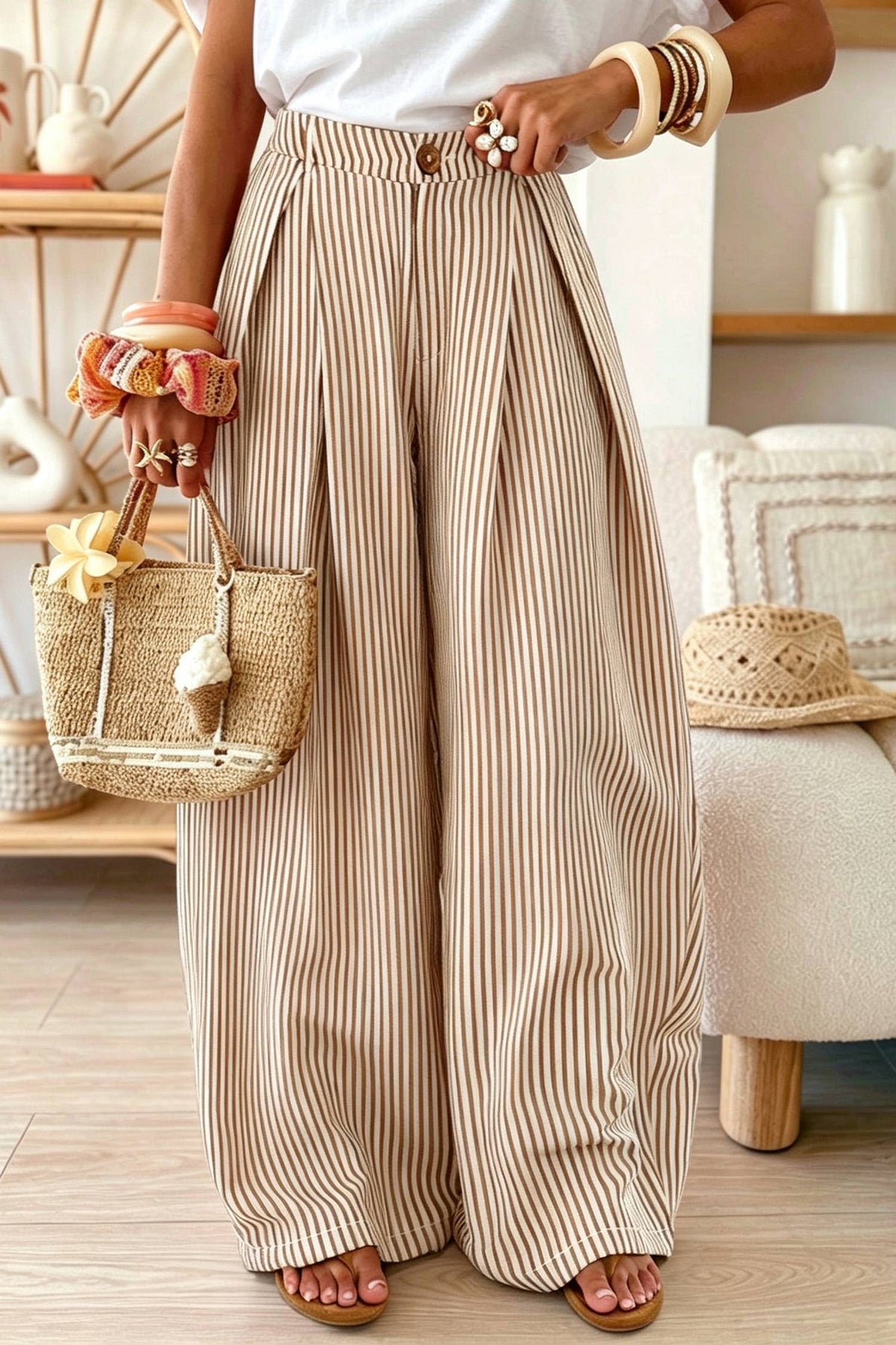 Pleated Detail Wide Leg Button Waist Shift Pants