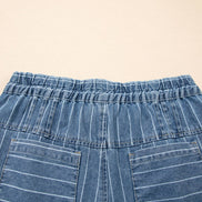 Stripe Button Pleated Drawstring Waist Wide Leg Jeans 4-4X