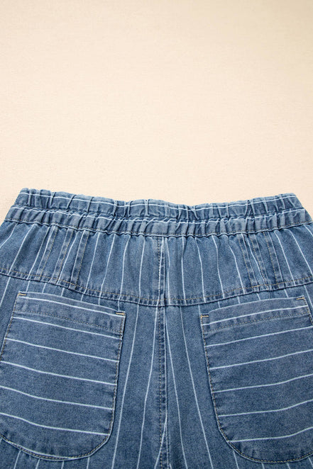 Stripe Button Pleated Drawstring Waist Wide Leg Jeans 4-4X