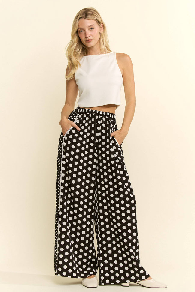 Navy and white polka dot wide leg pants