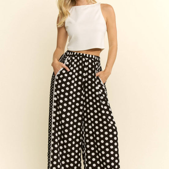 Navy and white polka dot wide leg pants