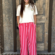 Pink/Red Boho Beach Vertical Stripe Lace-Up Pants