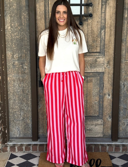 Pink/Red Boho Beach Vertical Stripe Lace-Up Pants