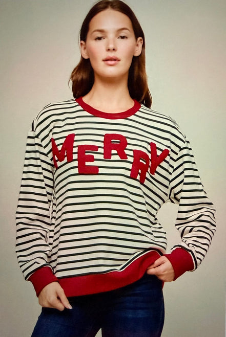 Merry Boucle Embroidery Stripe Pullover