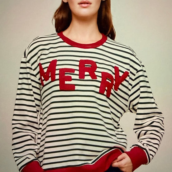 Merry Boucle Embroidery Stripe Pullover