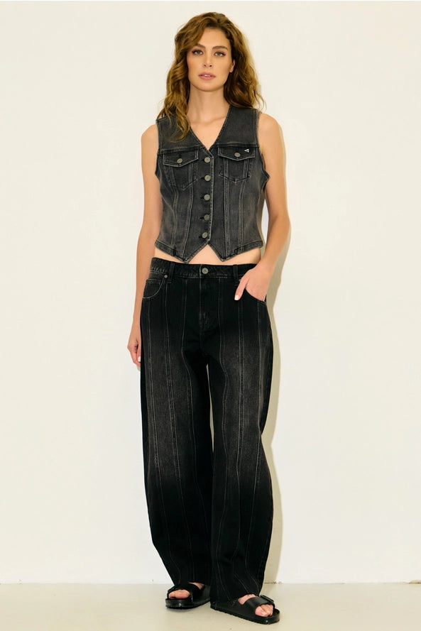 Low rise black barrel pants