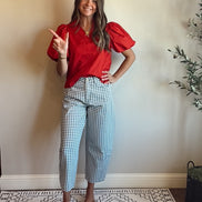 NAVY MINI CHECKER PATTERN BARREL PANTS