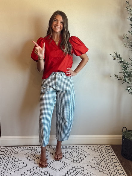NAVY MINI CHECKER PATTERN BARREL PANTS