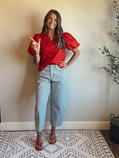 NAVY MINI CHECKER PATTERN BARREL PANTS