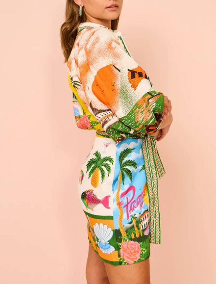 Colorful Vacation Print Mini Shirt Dress