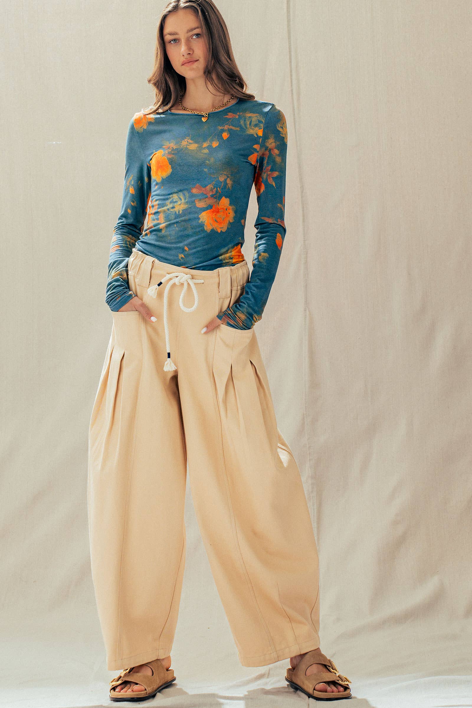 Rope Drawstring Balloon Pants Pleated Front