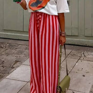 Pink/Red Boho Beach Vertical Stripe Lace-Up Pants