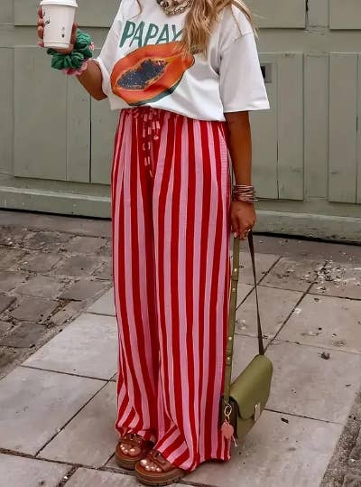 Pink/Red Boho Beach Vertical Stripe Lace-Up Pants
